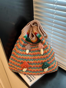 Rainbow striped crochet knit tote bag with handmade mushroom 3D accents