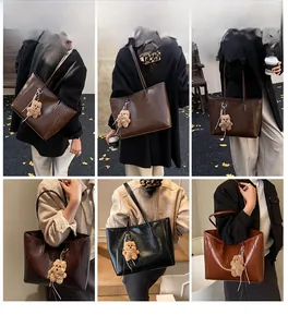 Collage of large vintage tote bag in dark brown and black with bear charm on a model