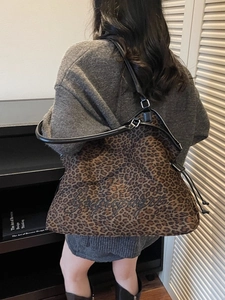 Large leopard print tote bag for women with black embroidery and adjustable drawstring