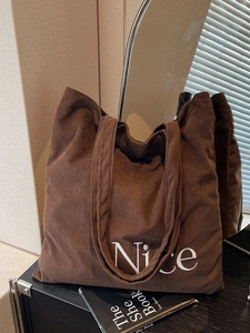 Women Korean Style Corduroy Tote Bag Large Capacity Letter Nice Embroidery Shoulder Bag For Daily Commuting Casual Handbag