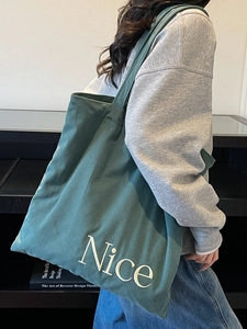 Large dark green corduroy tote bag with Nice embroidery for commuting and daily use