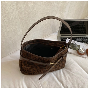 Retro leopard print faux suede tote bag with brown leather strap and gold hardware