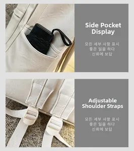 Détails de la bretelle réglable et poche latérale du sac à dos en cuir blanc