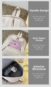 Détails du sac à dos en cuir beige montrant la poignée, la poche antivol et l'intérieur spacieux