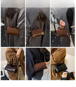 Collage of model wearing a vintage patchwork crossbody square bag with gold hardware