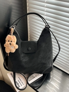 Retro large capacity black tote backpack for women with cute teddy dog charm