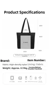 Detailed size specifications of black nylon tote bag showing 34cm width and 36cm height