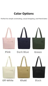 Waterproof nylon tote bags shown in pink, navy, green, ivory, khaki, and black colors