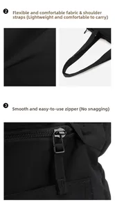 Detail view of water-resistant nylon fabric, wide shoulder straps and smooth zippers