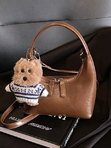Sac Bandoulière Rétro en Cuir PU pour Femmes Sac Hobo Demi-lune Avec Pendentif Chien en Peluche Sac à Main Mode pour Quotidien