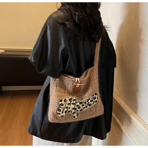Brown fluffy knit tote with leopard print embroidery and retro horn button detail