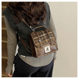 British style brown plaid backpack with cute bear embroidery and adjustable straps detail