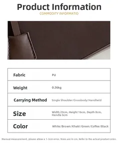 Detailed spec sheet showing a dark brown PU leather bag with size 23x16x8cm and weight 0.26kg