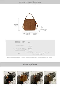 Guide des tailles pour sac seau rétro en PU incluant dimensions et options de couleurs