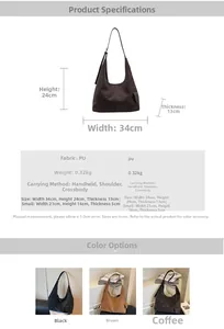 Detailed size specifications for a large PU leather tote bag showing 34x24x13cm dimensions