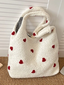 Women Plush Tote Bag Heart Flower Embroidery Soft Warm Winter Shoulder Bag Large Capacity Plaid Lining Casual Fashion Handbag