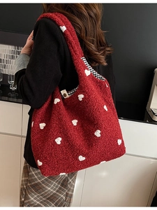 Winter red plush tote bag with white heart embroidery and stylish shoulder strap