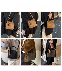 Collage of retro bucket bag styles with wooden bead tassel in various carrying ways