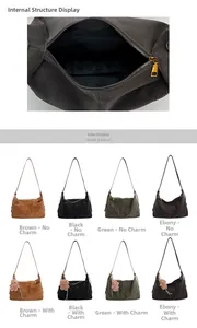Détails du sac à bandoulière en daim montrant la poche zippée et les options de couleur