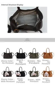 Detail view of corduroy bucket bags in various colors with plush bunny charm accessories