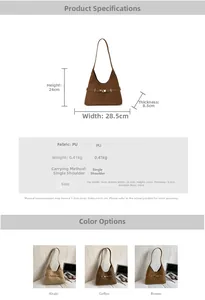Detailed size specifications for the vintage suede hobo bag with strap length and colors