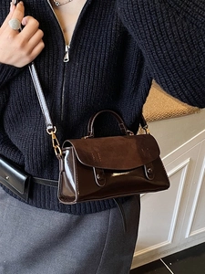 Chocolate brown vintage mini handbag with glossy finish and detachable shoulder strap