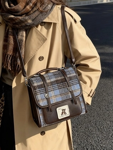 British style plaid backpack for women in vintage brown faux leather and checkered fabric
