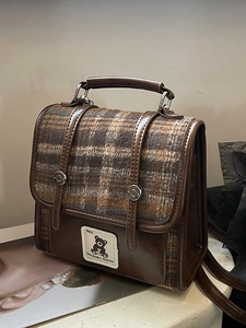 British style plaid backpack for women featuring retro brown leather and bear patch