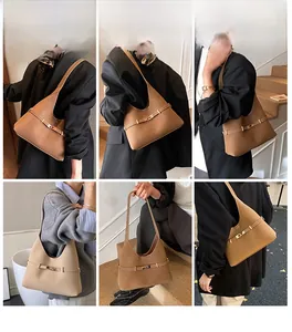 Multiple views of brown leather hobo bag with vintage gold buckle and shoulder strap