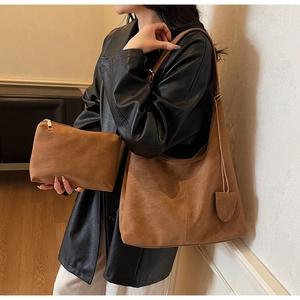 Brown faux suede hobo bag set with matching inner pouch and long shoulder straps