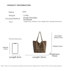 Size guide for vintage plaid tote bag with detailed measurements and phone comparison
