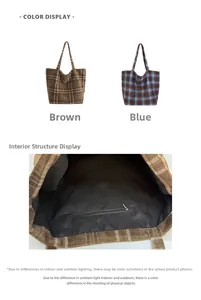 Detail view of plaid canvas tote bag showing inner zipper pocket and fabric lining