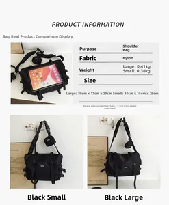 Black nylon messenger bag size comparison showing large and small dimensions with specs