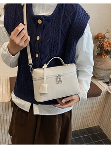 Detail of cream box bag showing lychee grain leather texture and metallic hardware