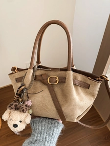 Retro suede tote bag with puppy charm, beige and brown crossbody style for daily use