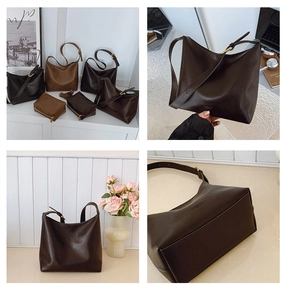 Detailed views of leather tote bag showing color options, strap buckle and inner pouch