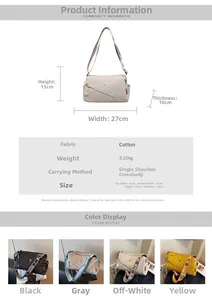 Size chart showing square crossbody bag dimensions, weight, and strap details for four colors