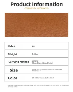 Detail view of brown lychee texture PU leather and table of tote bag specifications