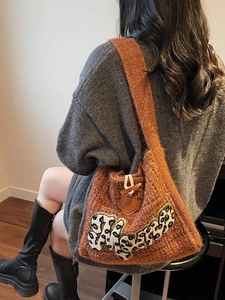 Caramel chunky knit tote bag with leopard patch and vintage horn buckle closure