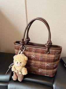 Vintage brown plaid bucket bag with teddy bear pattern and plush keychain accessory