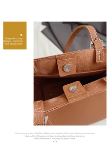 Detail view of the magnetic closure and lychee texture on the brown leather tote bag