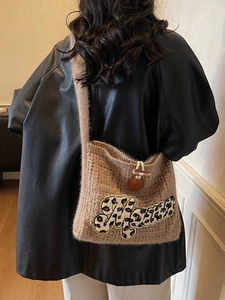 Chic brown knit tote bag with Mama leopard print patch and rope toggle closure