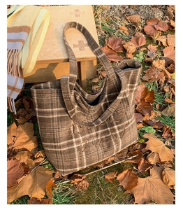 Outdoor close-up of a brown plaid tote bag with embroidery on fallen autumn leaves