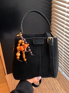 Women Retro Frosted PU Leather Bucket Bag Wood Bead Charms Adjustable Strap Small Crossbody Elegant Commuting Handbag