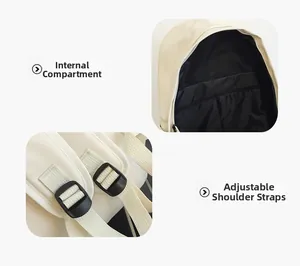 Detail of cream leather backpack showing interior compartments and adjustable straps