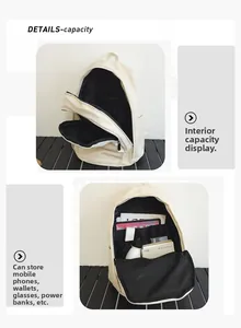 Detailed internal view showing large capacity and multi-pocket storage in beige backpack