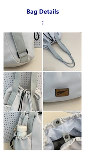 Detail view of light blue backpack showing thick straps, drawstring and side pocket