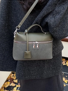 Deep olive green contrast leather shoulder bag with top handle and silver hardware