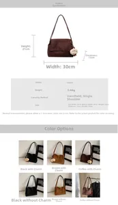 Size guide for suede tote bag showing dimensions height 21cm, width 30cm and thickness 12cm