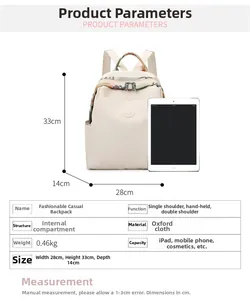 Detailed size guide and capacity display for floral oxford fabric backpack showing 28x33x14cm